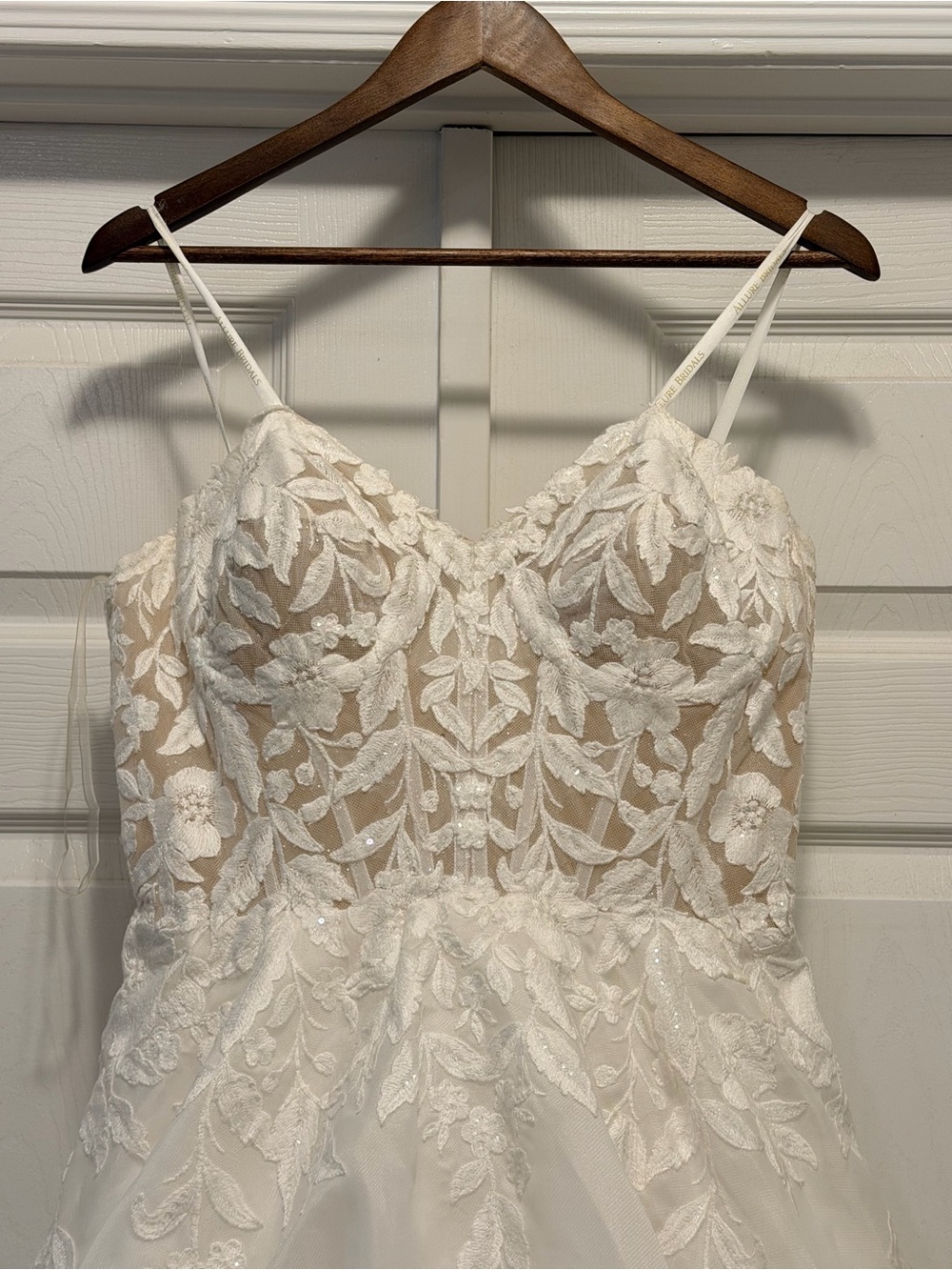 Allure Bridal Spaghetti Strap Floral Lace Bodice A-Line Dress